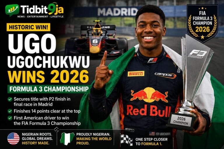 Ugo Ugochukwu celebrates winning the 2026 Formula 3 Championship